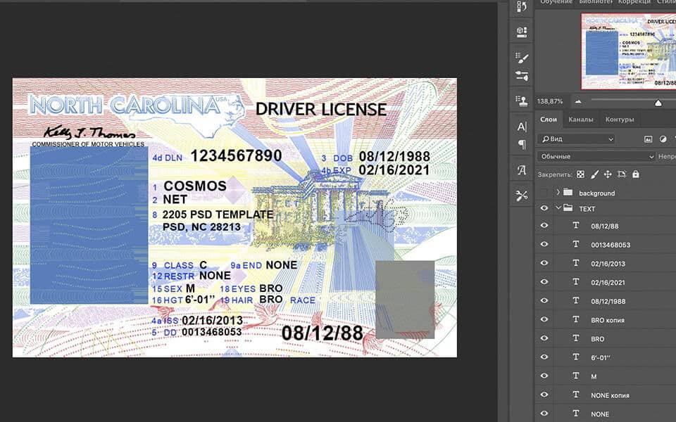 NC North Carolina driver license Psd Template