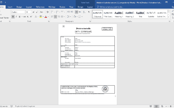 Australia Western Australia birth certificate word template
