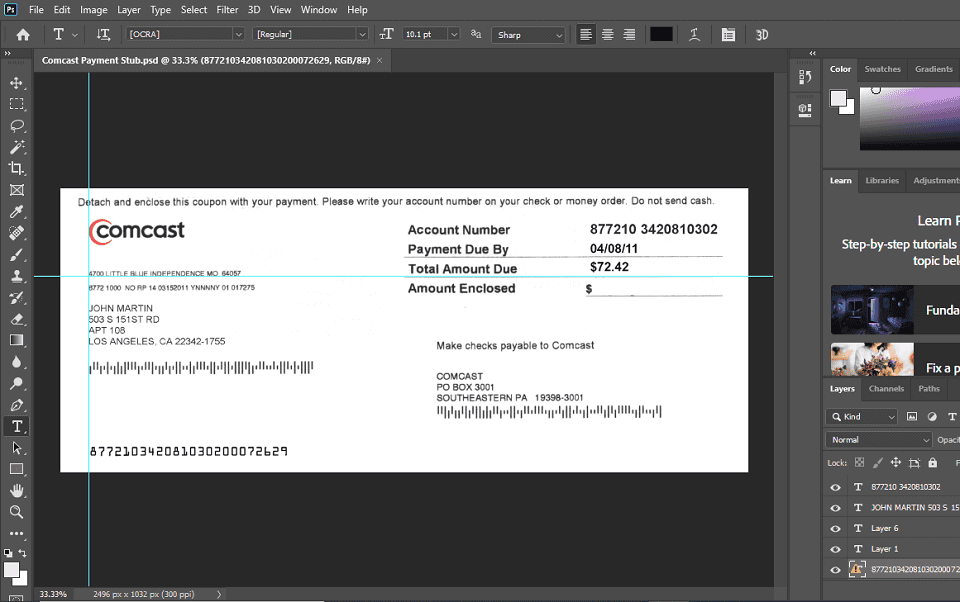 comcast payment stub Comcast payment stub psd template