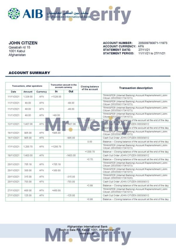 Afghanistan International Bank (AIB) bank statement template in Word and PDF format