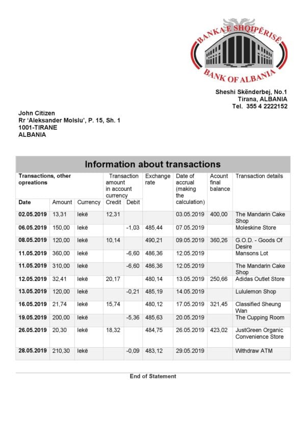 Albania-Bank-of-Albania-bank-statement-template-in-Word-and-PDF-format.jpg Albania Bank of Albania bank statement template in Word and PDF format