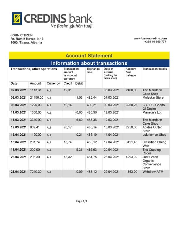 Albania Credins Bank statement template in Word and PDF format
