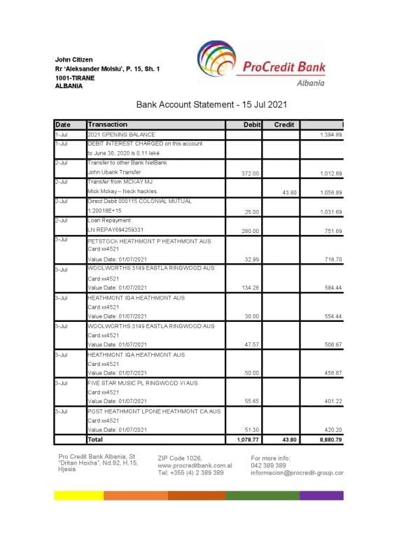Albania ProCredit bank statement template in Excel and PDF format