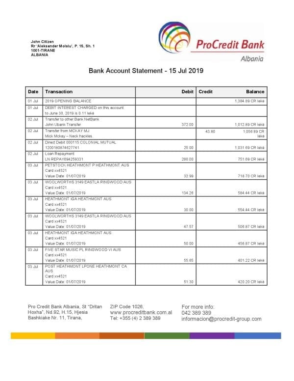 Albania ProCreditBank proof of address bank statement Word and PDF template, .doc and .pdf format