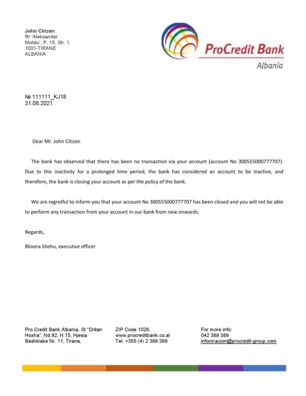 Albania ProCredit bank account closure reference letter template in Word and PDF format Albania ProCredit bank account closure reference letter template in Word and PDF format