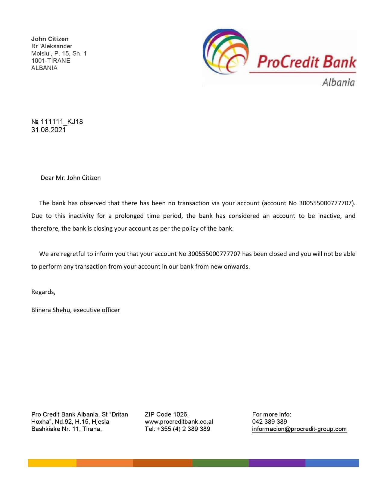 Albania ProCredit bank account closure reference letter template in Word and PDF format Albania ProCredit bank account closure reference letter template in Word and PDF format