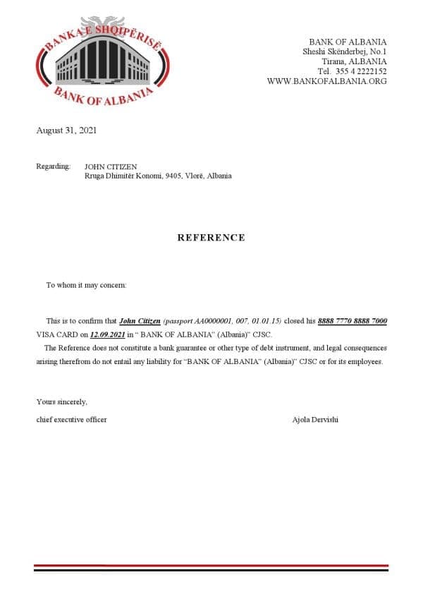 Albania Bank of Albania bank account closure reference letter template in Word and PDF format Albania Bank of Albania bank account closure reference letter template in Word and PDF format