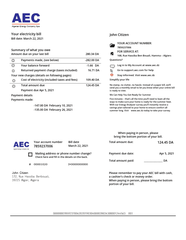 Algeria AEC Algerian Energy Company Utility Bill Template in Word and PDF Format