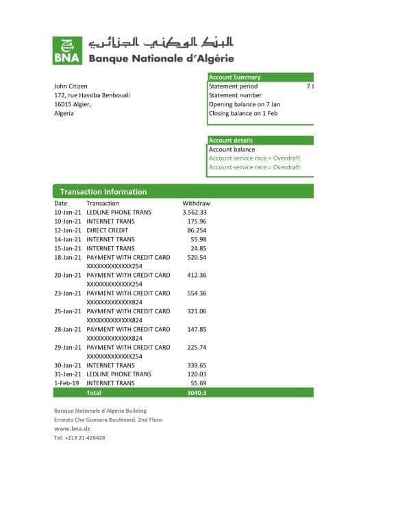 Algeria Banque nationale d’Algérie (BNA) Bank Statement Template in Excel and PDF Format