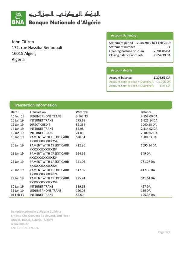Algeria Banque nationale d’Algérie (BNA) template of bank statement, Word and PDF format (.doc and .pdf)