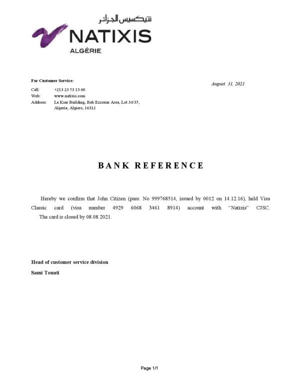 Algeria Natixis Algerie bank account closure reference letter template in Word and PDF format Algeria Natixis Algerie bank account closure reference letter template in Word and PDF format