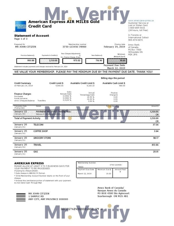 Canada American Express Air Miles Credit Card account statement easy to fill template in Word and PDF format