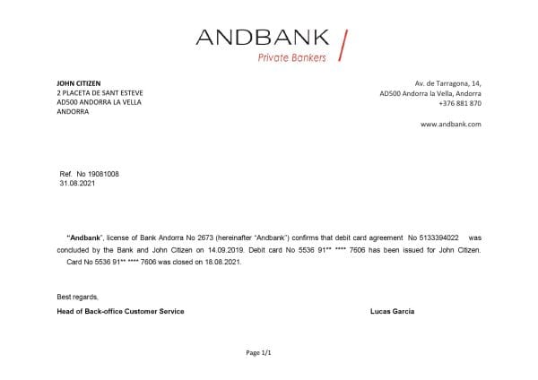 Andorra Andbank account closure reference letter template in Word and PDF format Andorra Andbank account closure reference letter template in Word and PDF format
