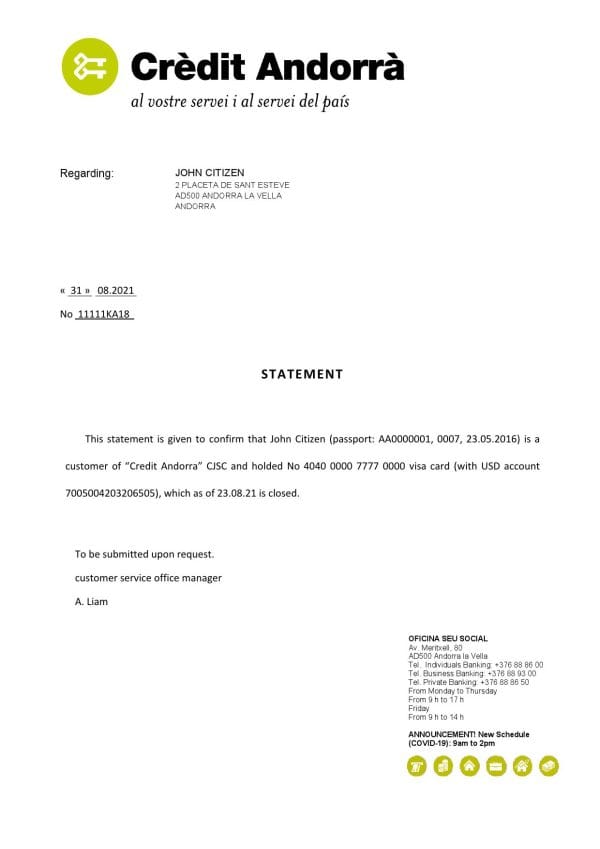 Andorra Credit Andorra bank account closure reference letter template in Word and PDF format Andorra Credit Andorra bank account closure reference letter template in Word and PDF format