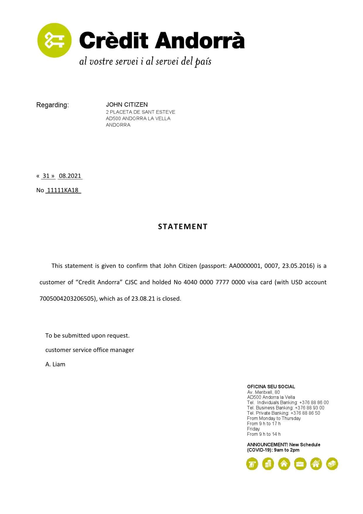 Andorra Credit Andorra bank account closure reference letter template in Word and PDF format Andorra Credit Andorra bank account closure reference letter template in Word and PDF format