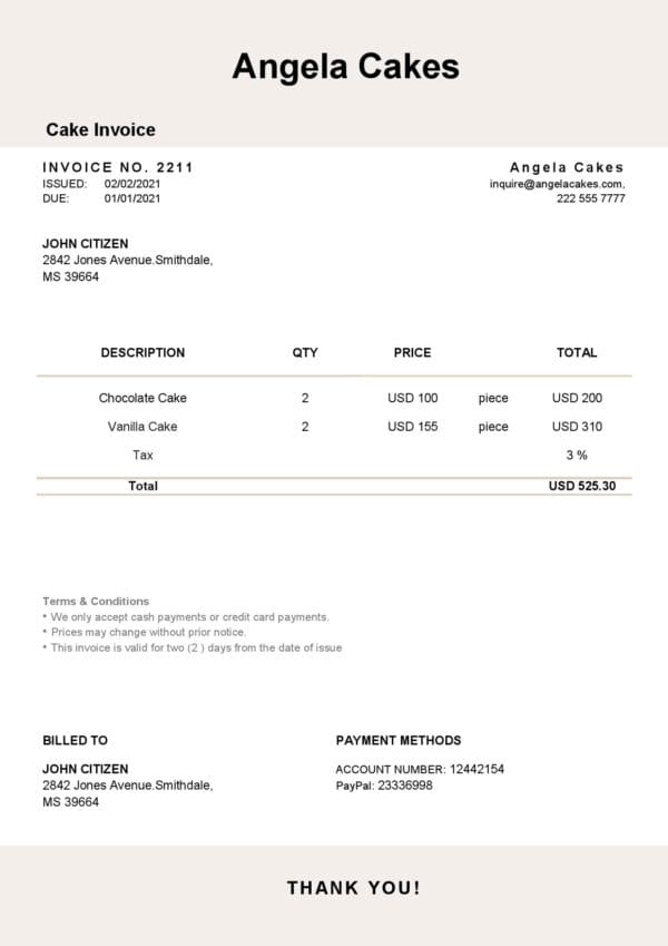 USA Angela Cakes invoice template in Word and PDF format, fully editable USA Angela Cakes invoice template in Word and PDF format, fully editable