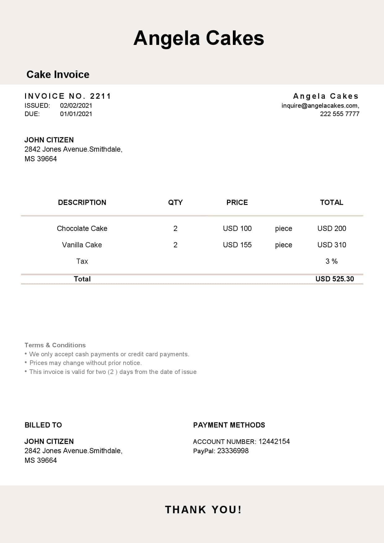 USA Angela Cakes invoice template in Word and PDF format, fully editable USA Angela Cakes invoice template in Word and PDF format, fully editable