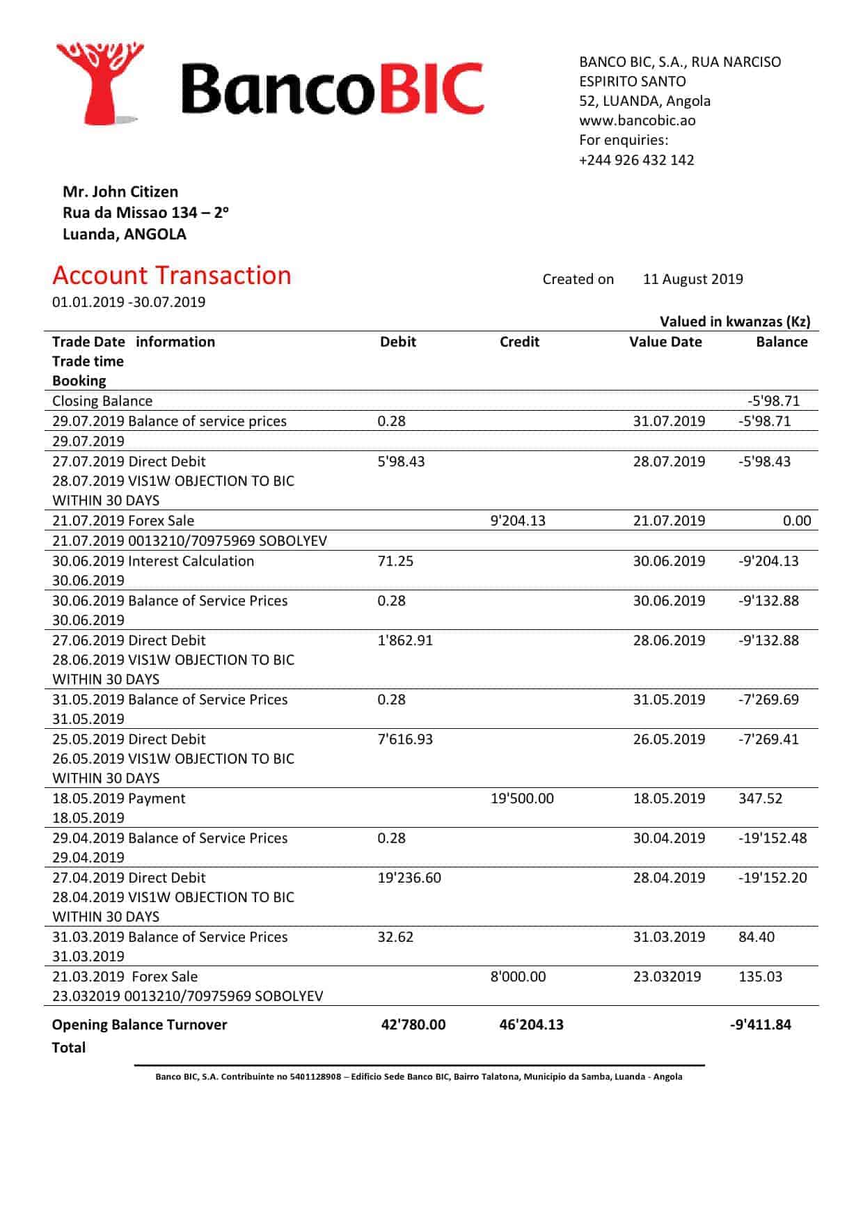 Angola-Banco-BIC-bank-statement.jpg Angola Banco BIC proof of address bank statement template in Word and PDF format