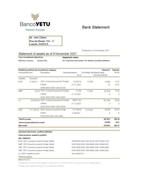 Angola Banco Yetu bank statement template in Excel and PDF format
