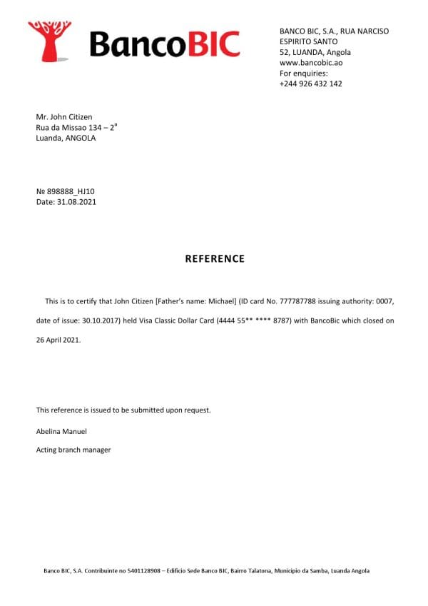 Angola Banco BIC bank account closure reference letter template in Word and PDF format Angola Banco BIC bank account closure reference letter template in Word and PDF format