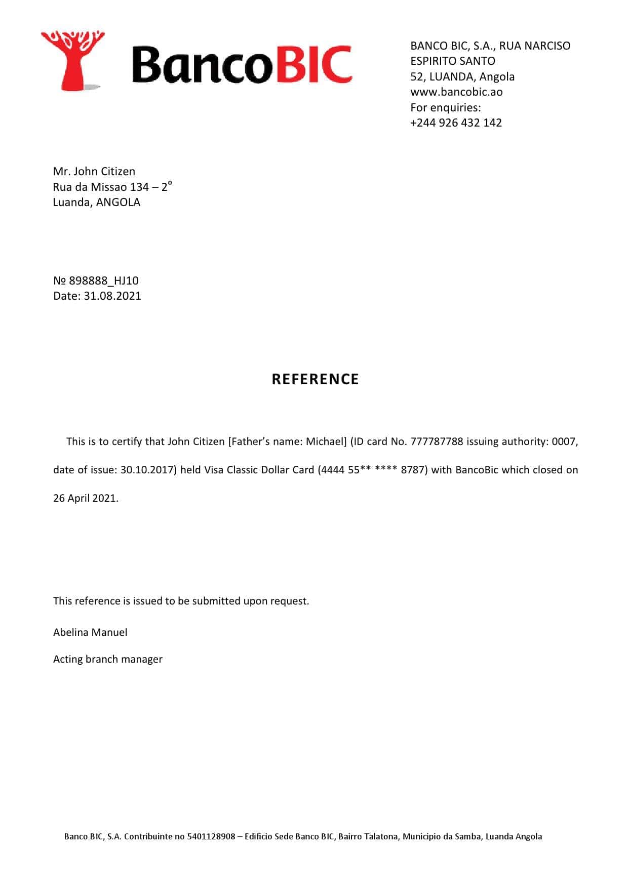 Angola Banco BIC bank account closure reference letter template in Word and PDF format Angola Banco BIC bank account closure reference letter template in Word and PDF format