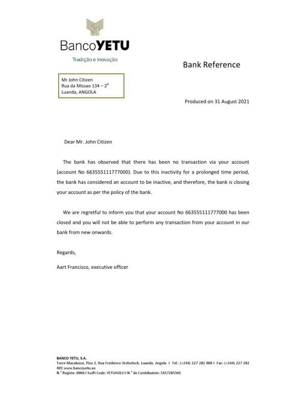 Angola Banco Yetu bank account closure reference letter template in Word and PDF format Angola Banco Yetu bank account closure reference letter template in Word and PDF format