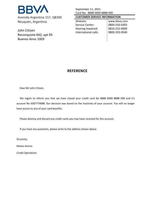 Argentina BBVA bank account closure reference letter template in Word and PDF format Argentina BBVA bank account closure reference letter template in Word and PDF format