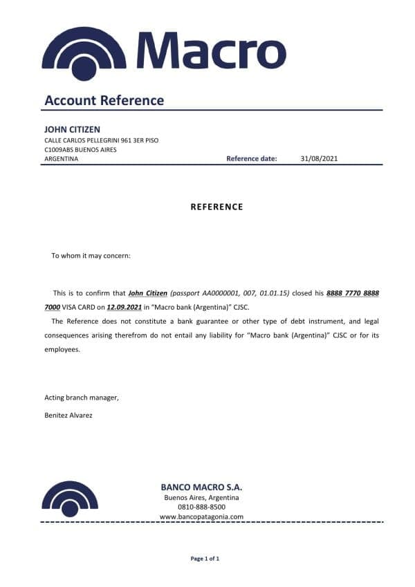 Argentina Banco Macro bank account closure reference letter template in .doc and .pdf format Argentina Banco Macro bank account closure reference letter template in .doc and .pdf format