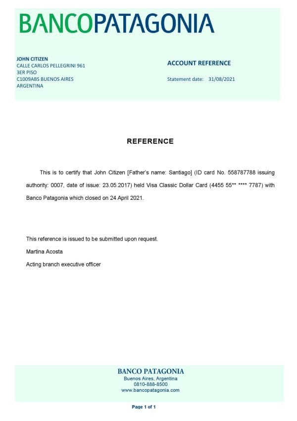 Argentina Banco Patagonia bank account closure reference letter template in Word and PDF format Argentina Banco Patagonia bank account closure reference letter template in Word and PDF format