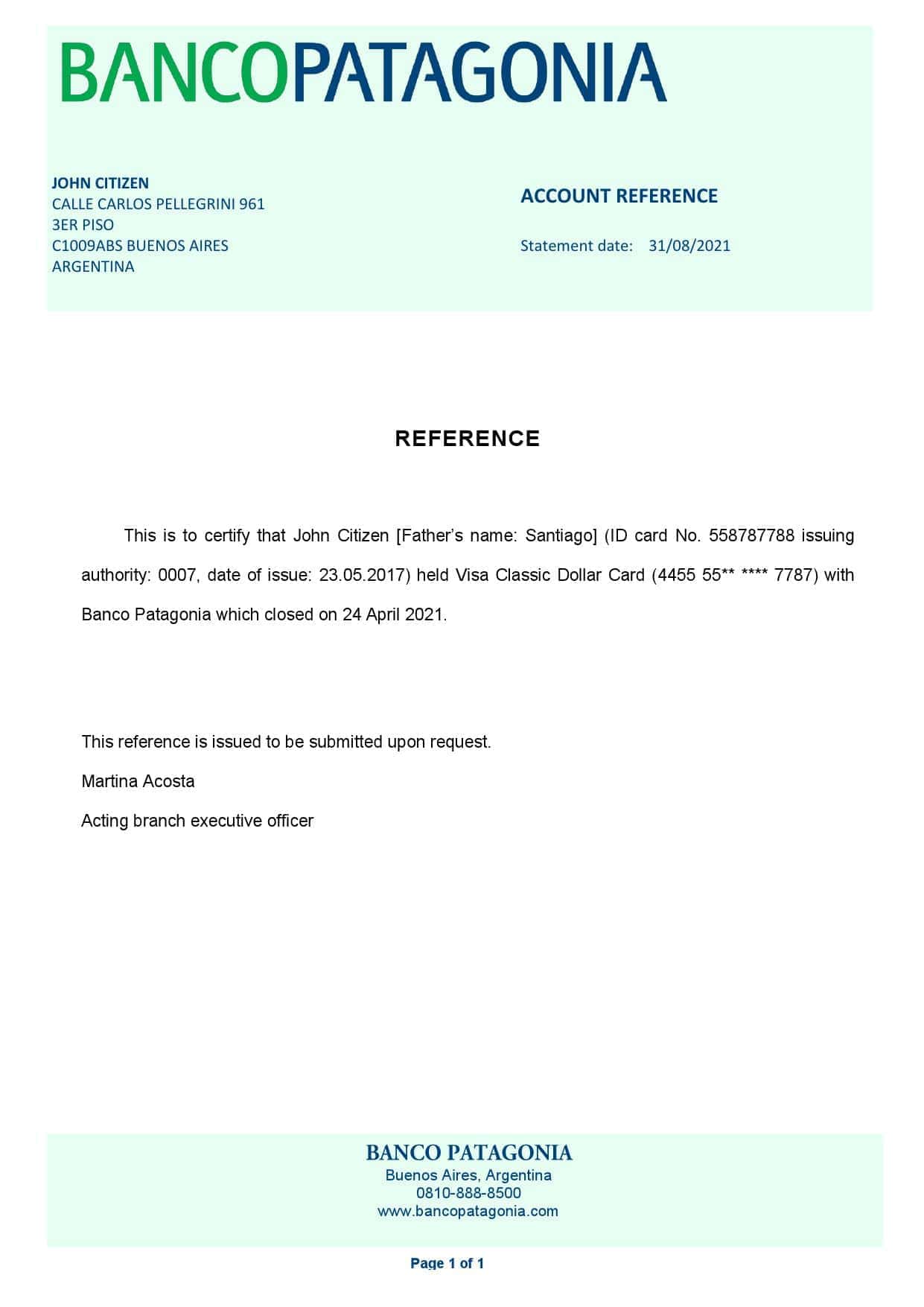 Argentina Banco Patagonia bank account closure reference letter template in Word and PDF format Argentina Banco Patagonia bank account closure reference letter template in Word and PDF format