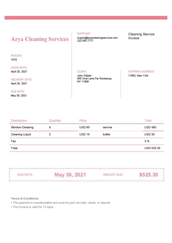 USA Arya Cleaning Services invoice template in Word and PDF format, fully editable USA Arya Cleaning Services invoice template in Word and PDF format, fully editable