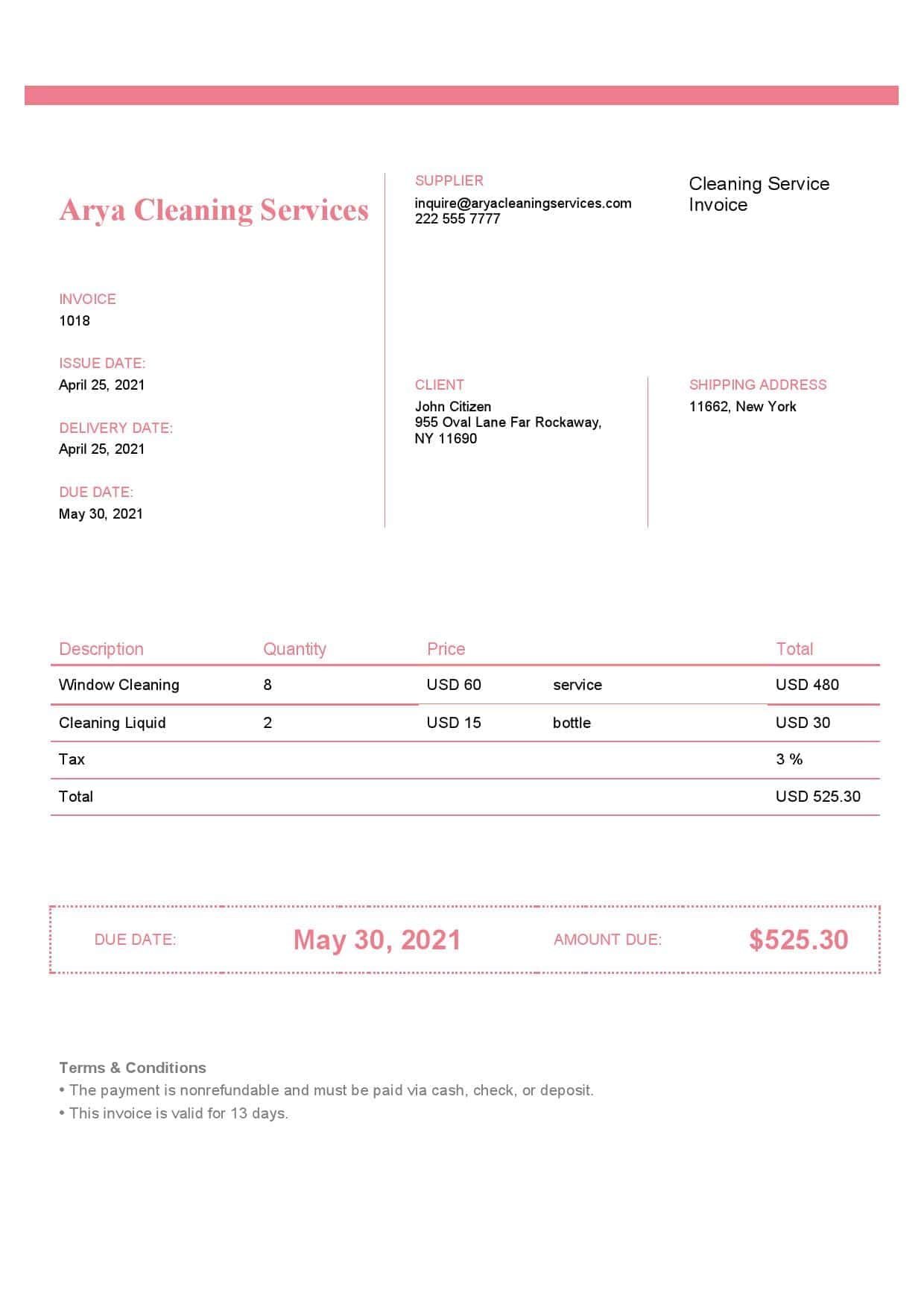 USA Arya Cleaning Services invoice template in Word and PDF format, fully editable USA Arya Cleaning Services invoice template in Word and PDF format, fully editable