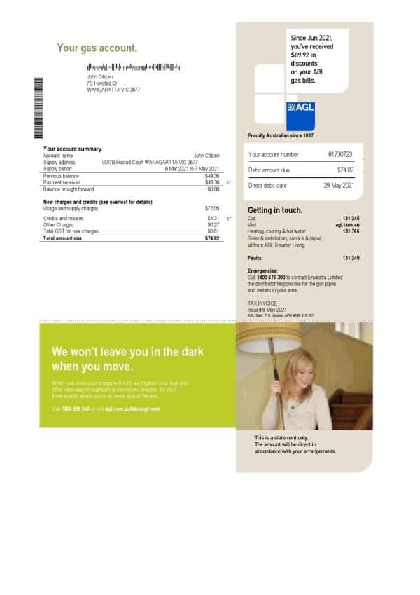 Australia AGL Gas Utility Bill Template in Word and PDF Format