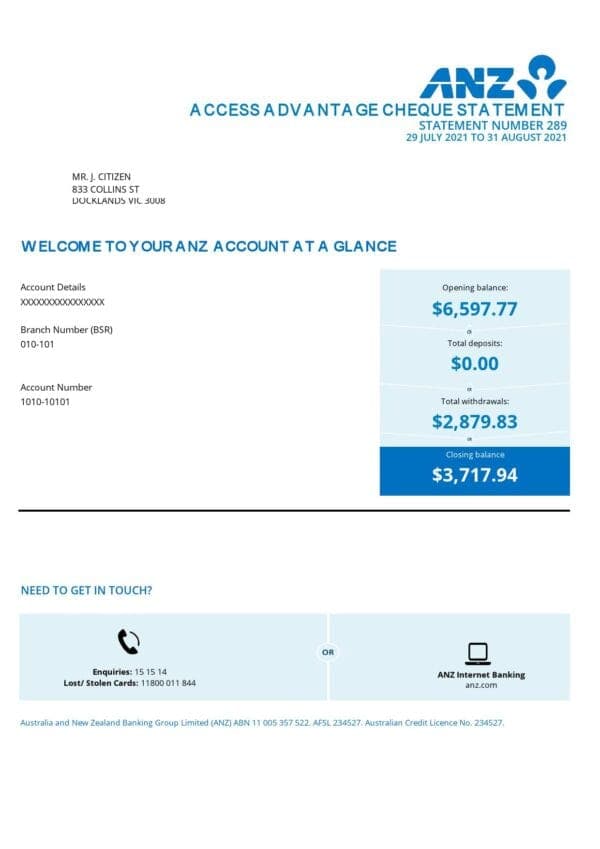 Australia ANZ proof of address bank statement template in .xls and .pdf format, 2 pages