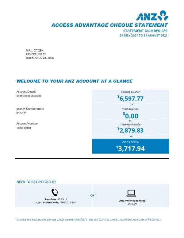 Australia ANZ proof of address bank statement template in .doc and .pdf format, 2 pages