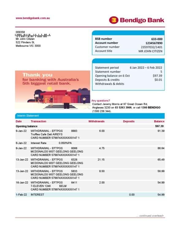 Australia-Bendigo-bank-statement_000001.jpg Australia Bendigo bank statement easy to fill template in Excel and PDF format, 2 pages