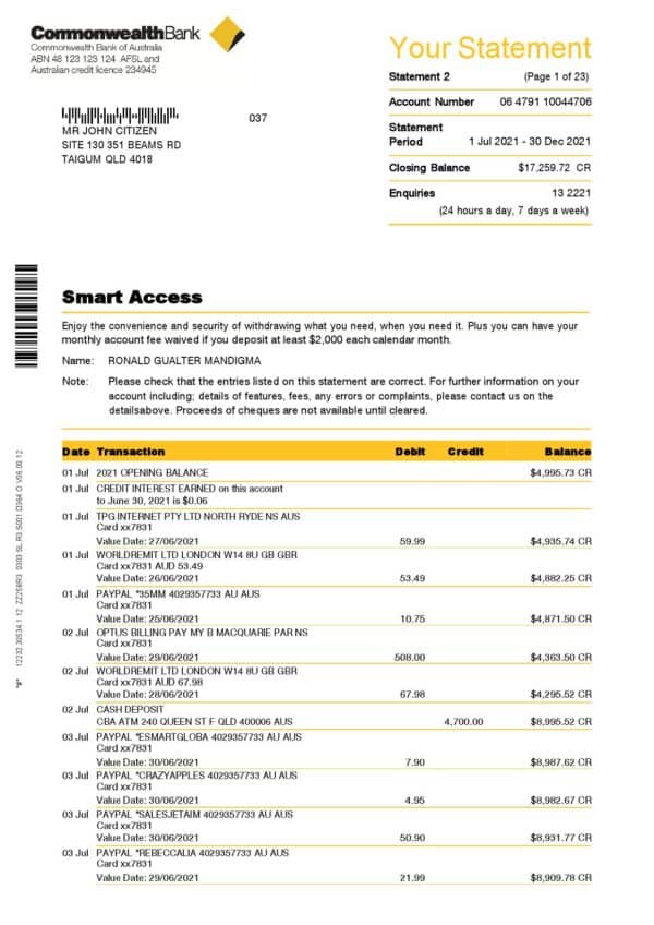 Australia-Commonwealth-J-C_000001.jpg Australia Commonwealth bank statement template in Word and PDF format, 23 pages