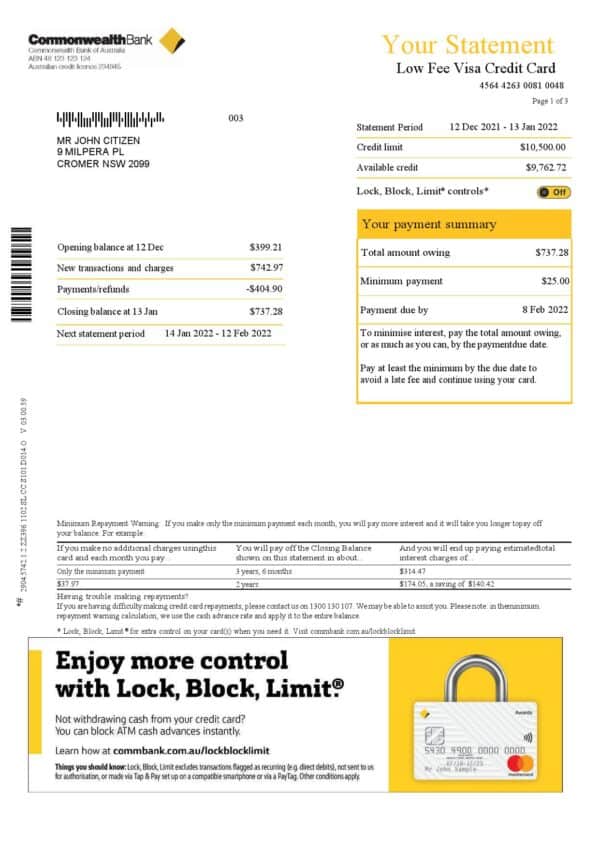 Australia-Commonwealth-bank-statement-new-version-3-pages_000001.jpg Australia Commonwealth bank statement, Word and PDF template, 3 pages