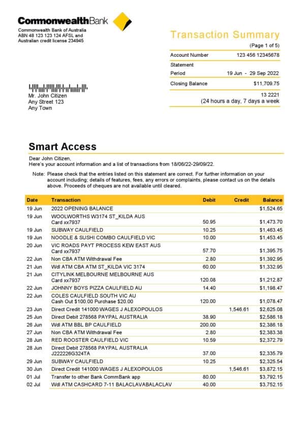 Australia-Commonwealth_000001.jpg Australia Commonwealth bank statement, Word and PDF template, 5 pages