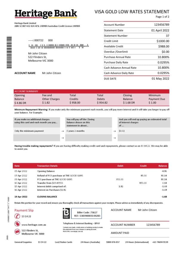 Australia-Heritage-Bank-Statement_000001.jpg Australia Heritage bank statement Word and PDF template, 2 pages
