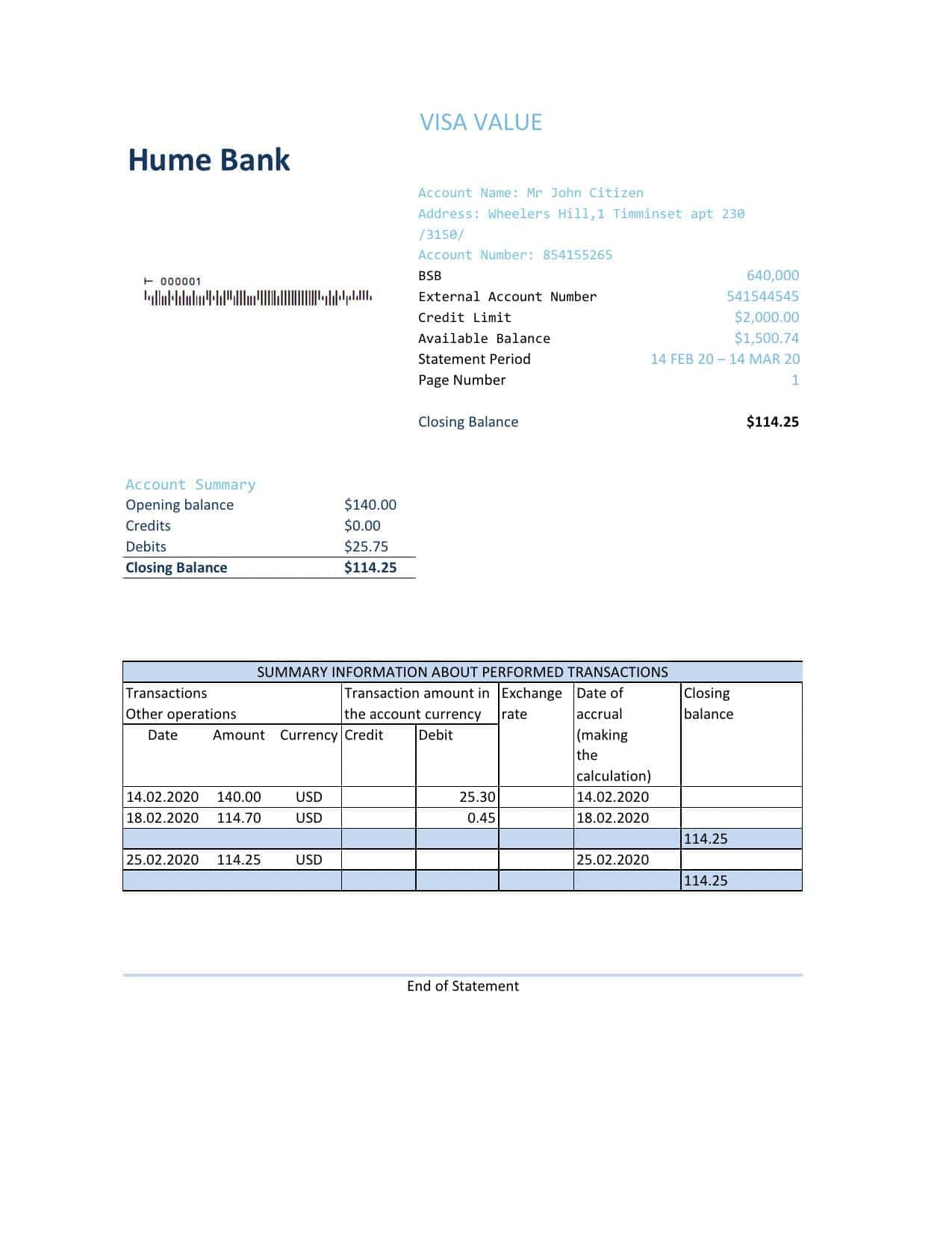 Australia-Humebank.jpg Australia Humebank bank statement easy to fill template in Excel and PDF format