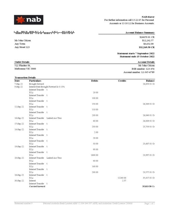 Australia NAB Bank Statement Excel and PDF Template 2 Pages