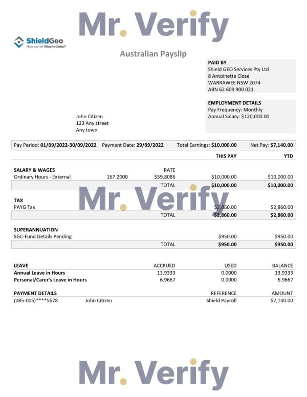 Australia Shield Geo consulting company pay stub Word and PDF template