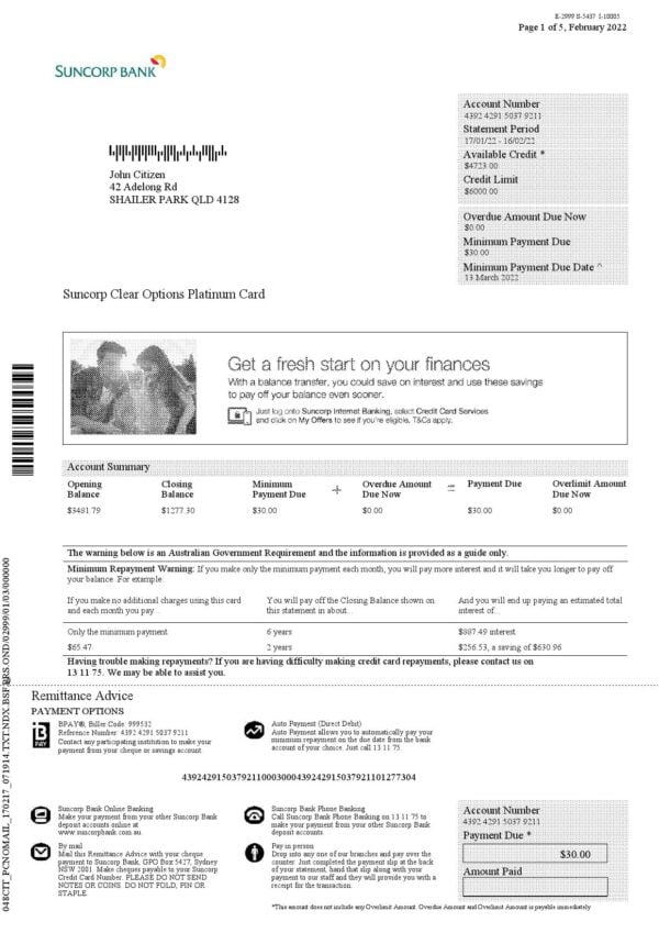 Australia-Suncorp-bank-statement-5-pages_000001.jpg Australia Suncorp bank card account statement, Word and PDF template, 5 pages
