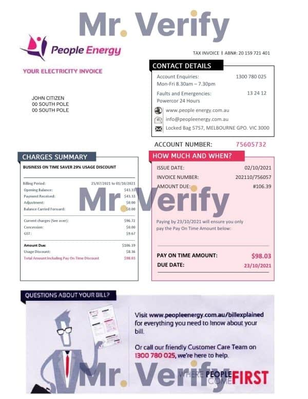 Australia People Energy electricity utility bill template in Word and PDF format