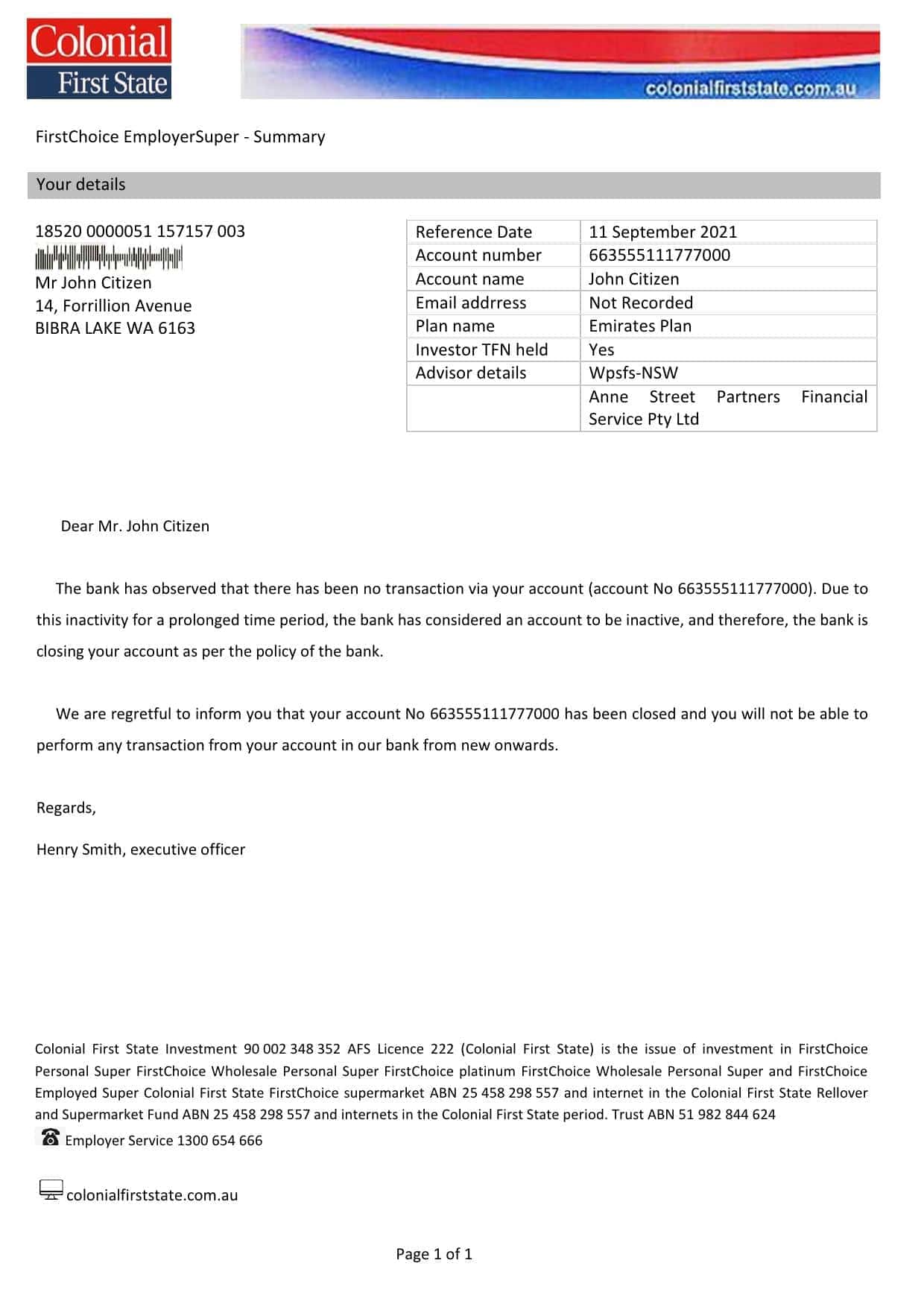 Australia Colonial First State bank account closure reference letter template in Word and PDF format Australia Colonial First State bank account closure reference letter template in Word and PDF format