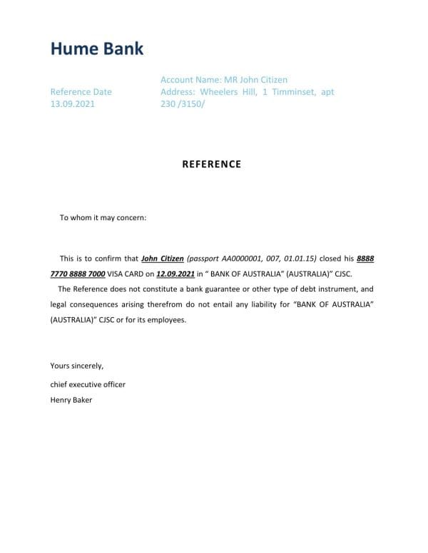 Australia Hume bank account closure reference letter template in Word and PDF format Australia Hume bank account closure reference letter template in Word and PDF format