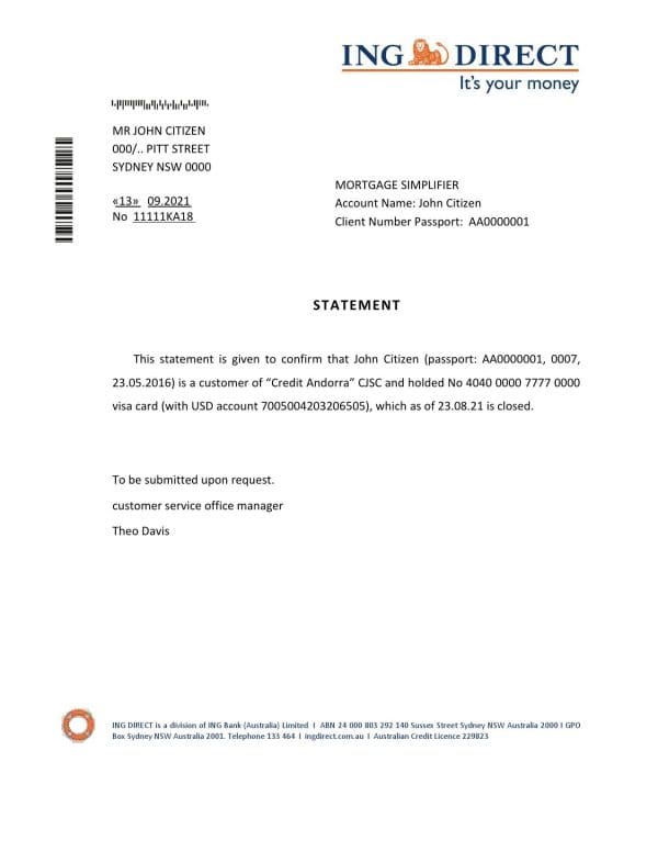 Australia ING Direct bank account closure reference letter template in Word and PDF format Australia ING Direct bank account closure reference letter template in Word and PDF format