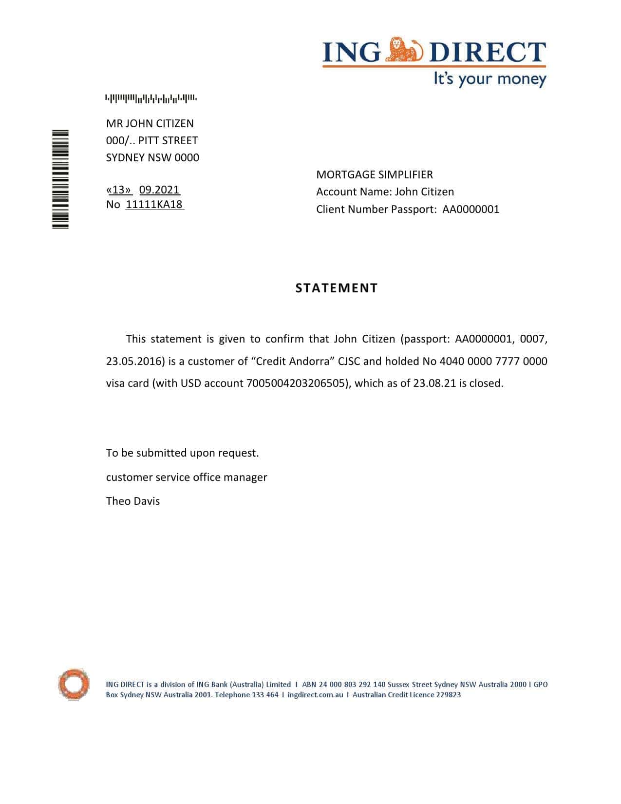 Australia ING Direct bank account closure reference letter template in Word and PDF format Australia ING Direct bank account closure reference letter template in Word and PDF format