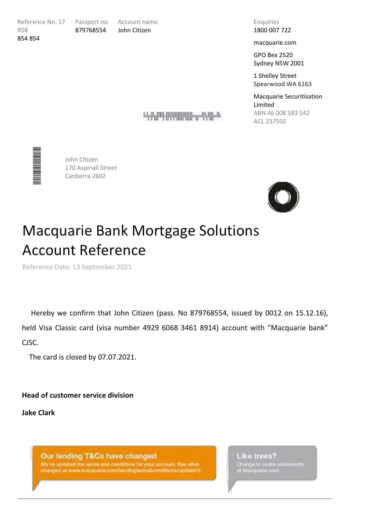 Australia Macquarie bank account closure reference letter template in Word and PDF format Australia Macquarie bank account closure reference letter template in Word and PDF format